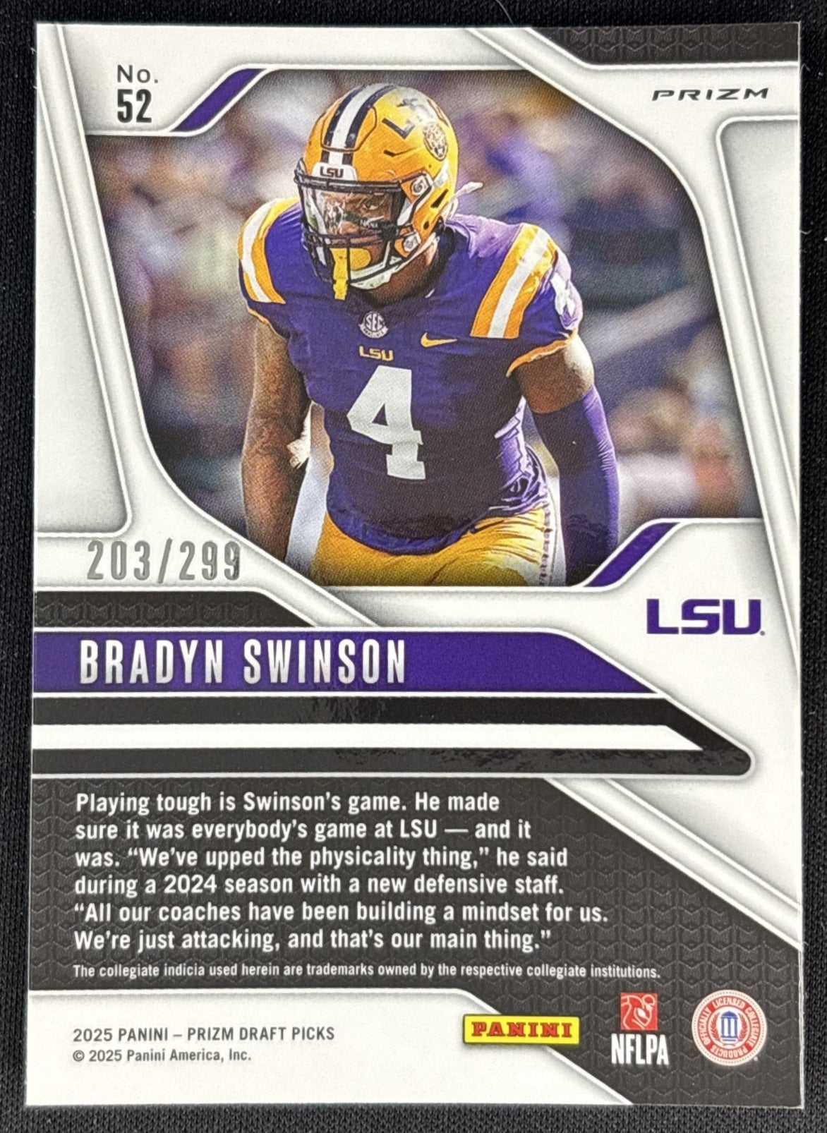 Bradyn Swinson 2025 Panini Prizm Draft Picks Blue Wave /299 Tigers back