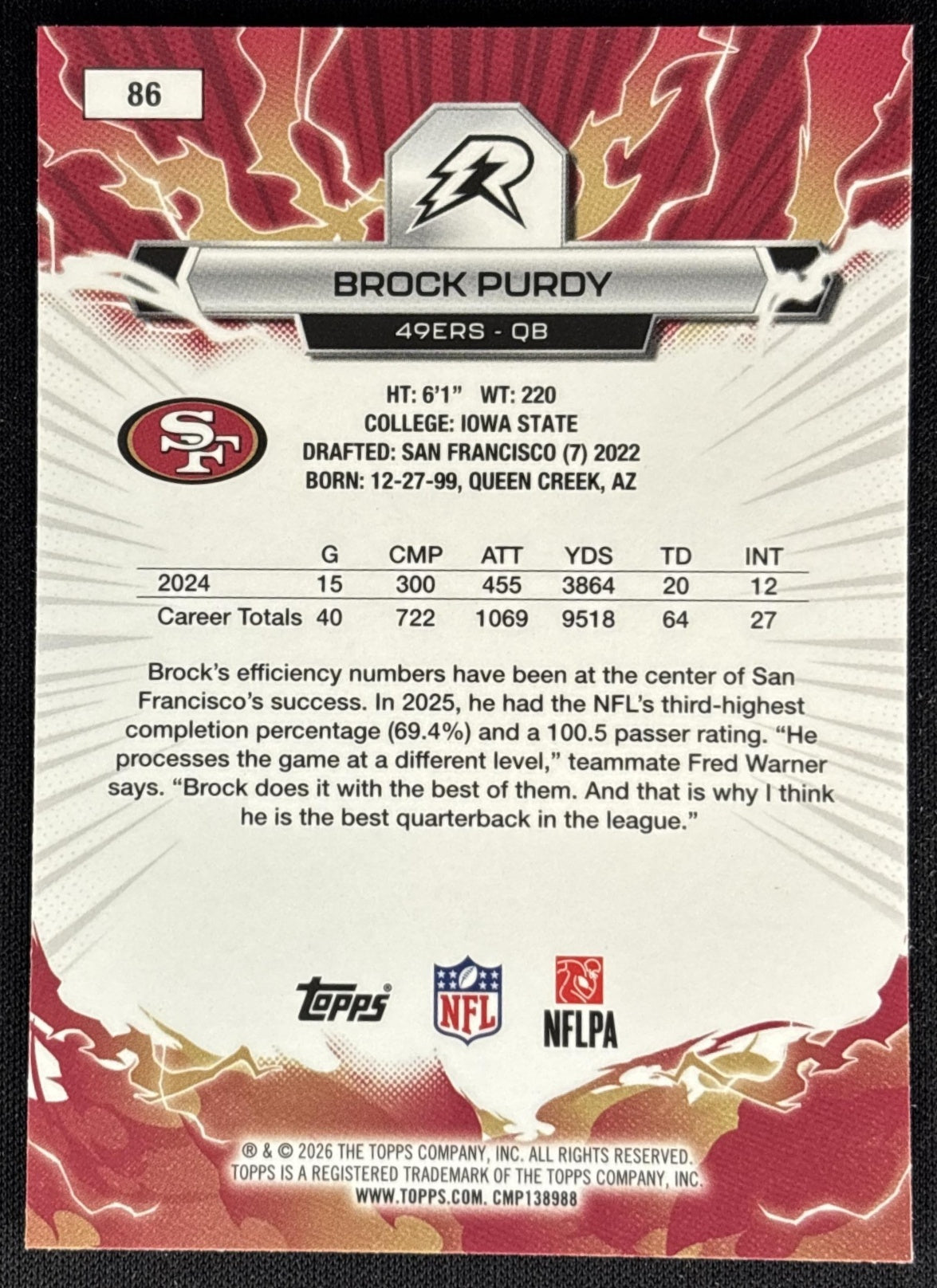 Brock Purdy 2025 Topps Resurgence Sky Blue and Pink Shock Refractor 49ers