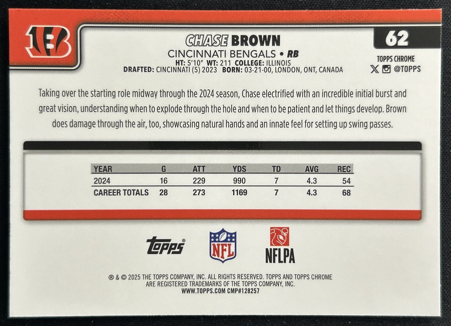 Chase Brown 2025 Topps Chrome Bengals