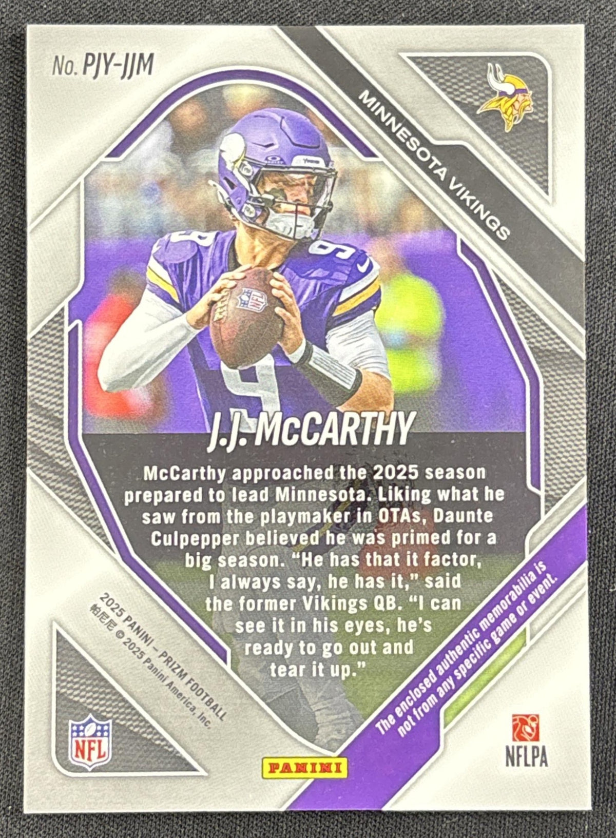 J.J. McCarthy 2025 Panini Prizm Premier Jerseys Pink Vikings