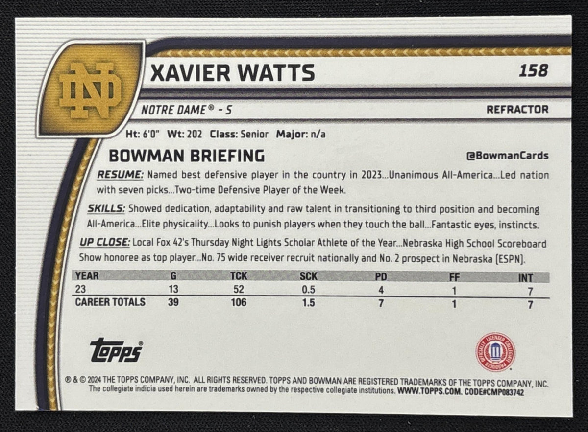 Xavier Watts 2024 Bowman Chrome University Refractor Fighting Irish Sports Trading Card