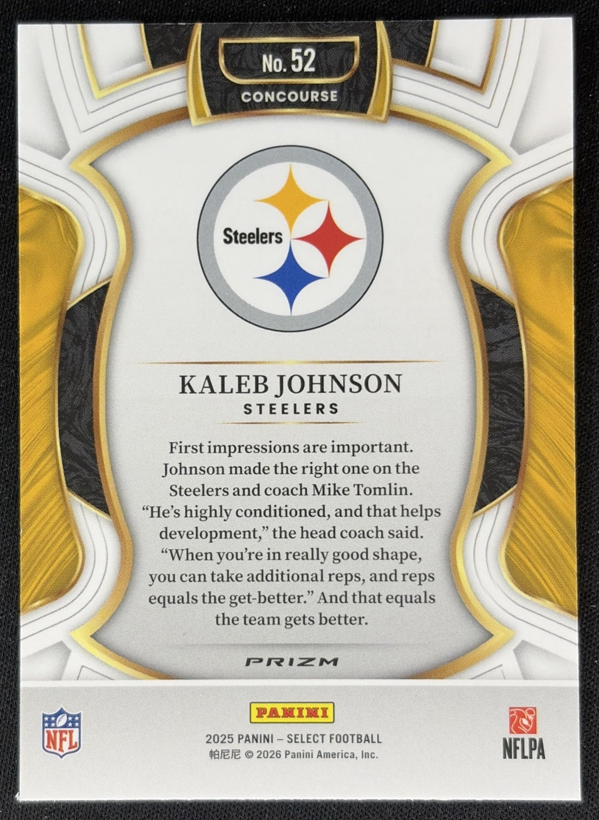 Kaleb Johnson 2025 Panini Select Concourse Green and Red Prizm Shock Steelers back