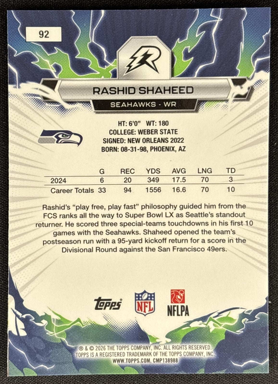 Rashid Shaheed 2025 Topps Resurgence Blue and Orange Spark Refractor Seahawks