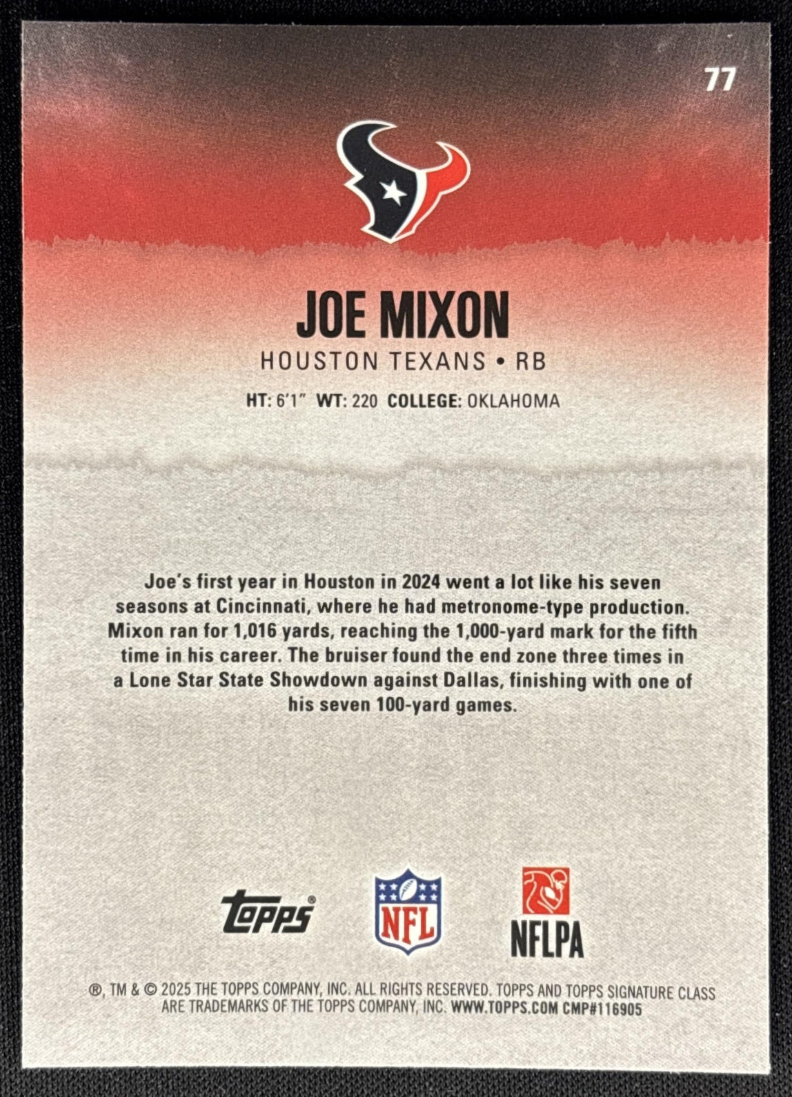 Joe Mixon 2025 Topps Signature Class Chrome Veteran Silver Refractor /275 Texans Sports Trading Cards