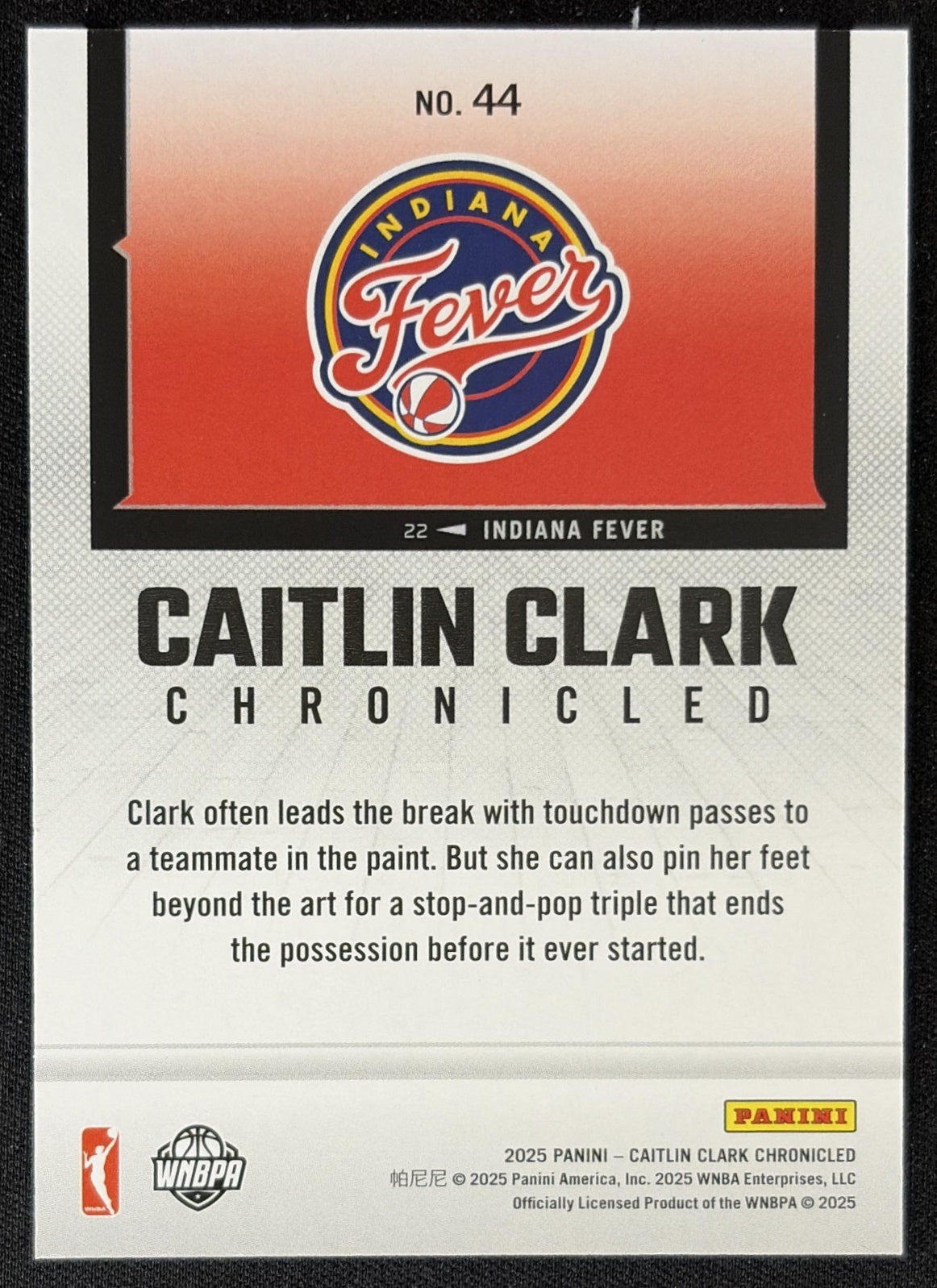Caitlin Clark 2025 Panini Chronicled WNBA Blue Holo Fever 44