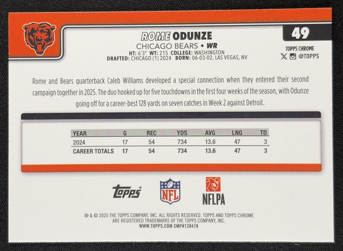 Rome Odunze 2025 Topps Chrome Team Camo Variation Bears Chicago Bears