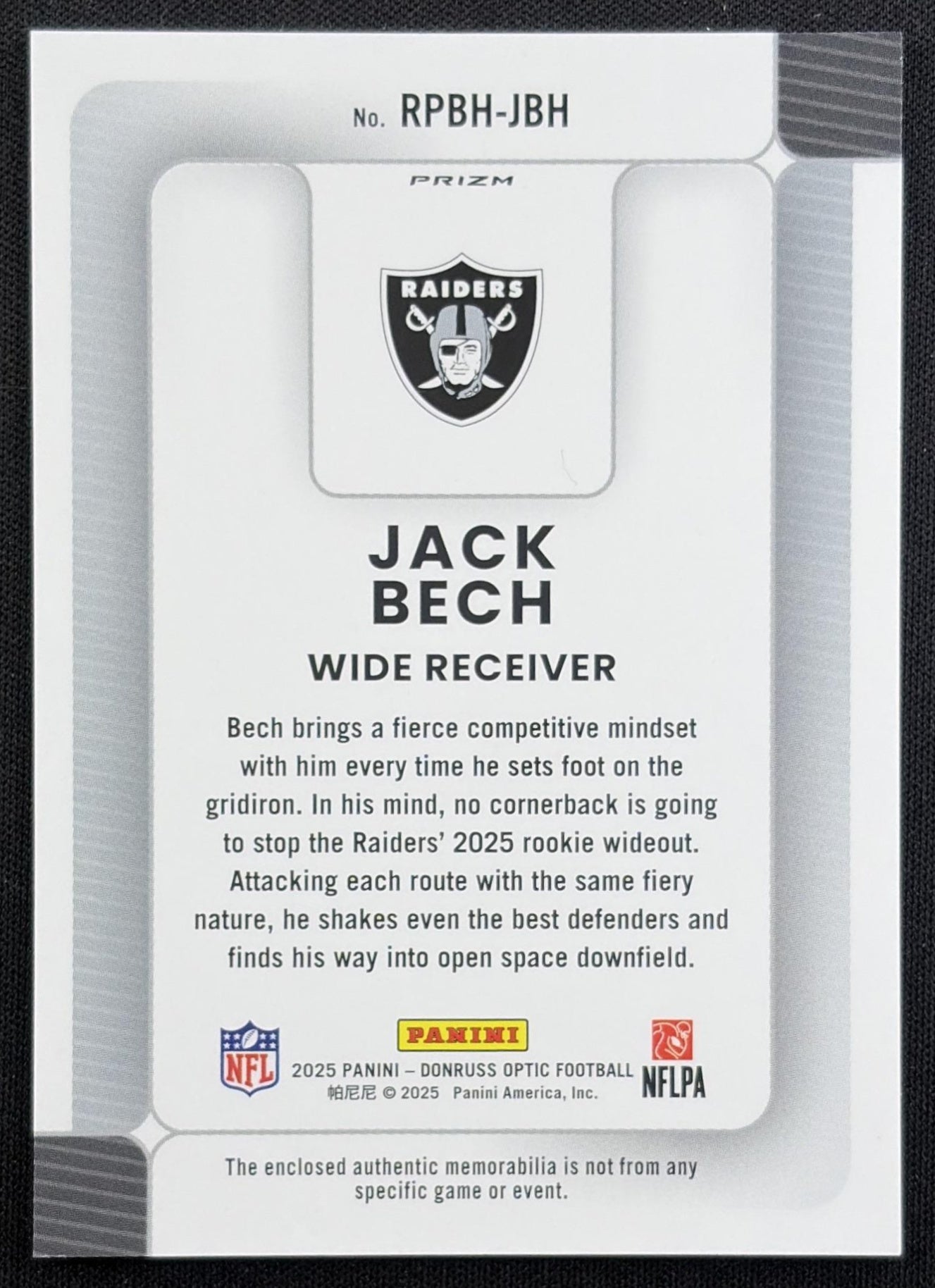 Jack Bech 2025 Panini Donruss Optic Rookie Phenoms Blue Hyper Prizm Raiders