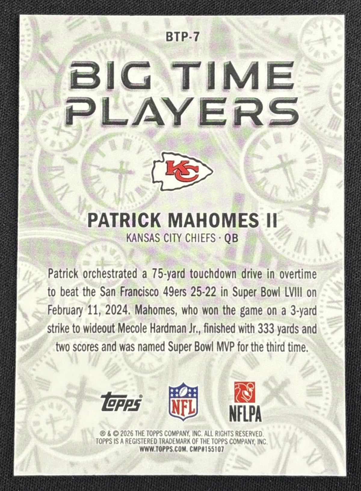Patrick Mahomes 2026 Topps Big Time Players Chiefs