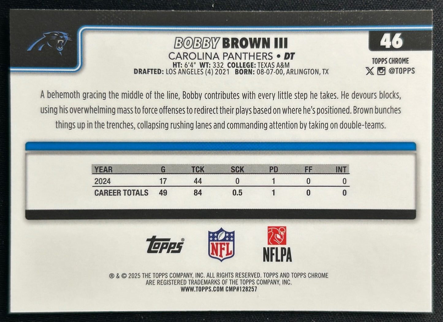 Bobby Brown III 2025 Topps Chrome Panthers Sports Trading Cards