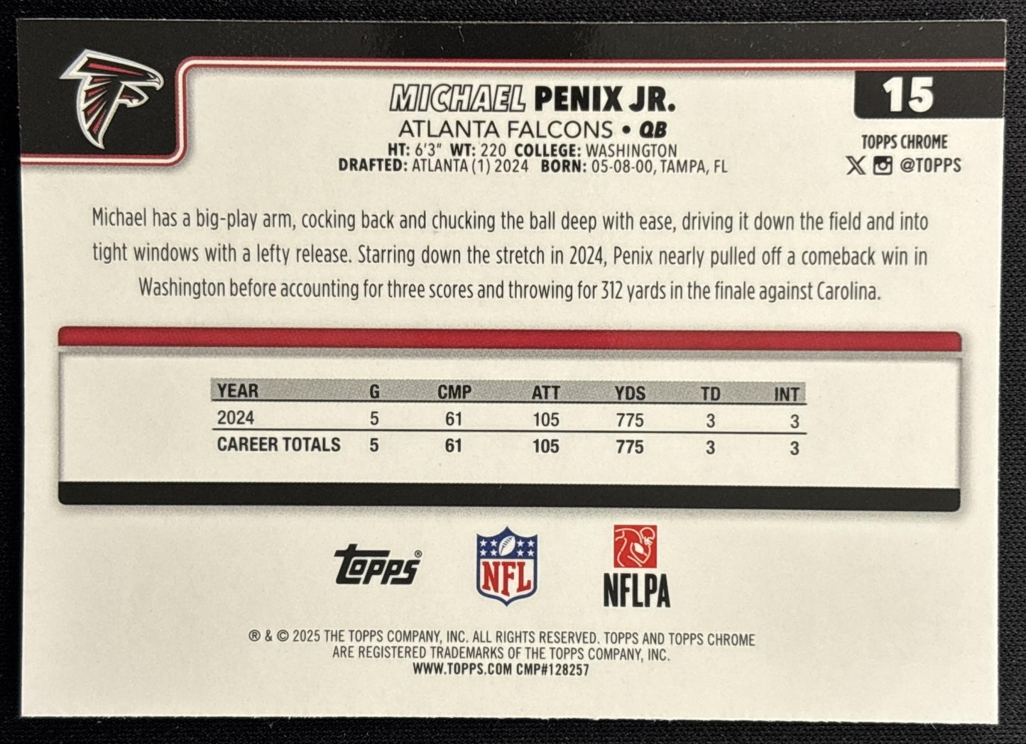 Michael Penix Jr. 2025 Topps Chrome Sapphire Falcons Sports Trading Cards