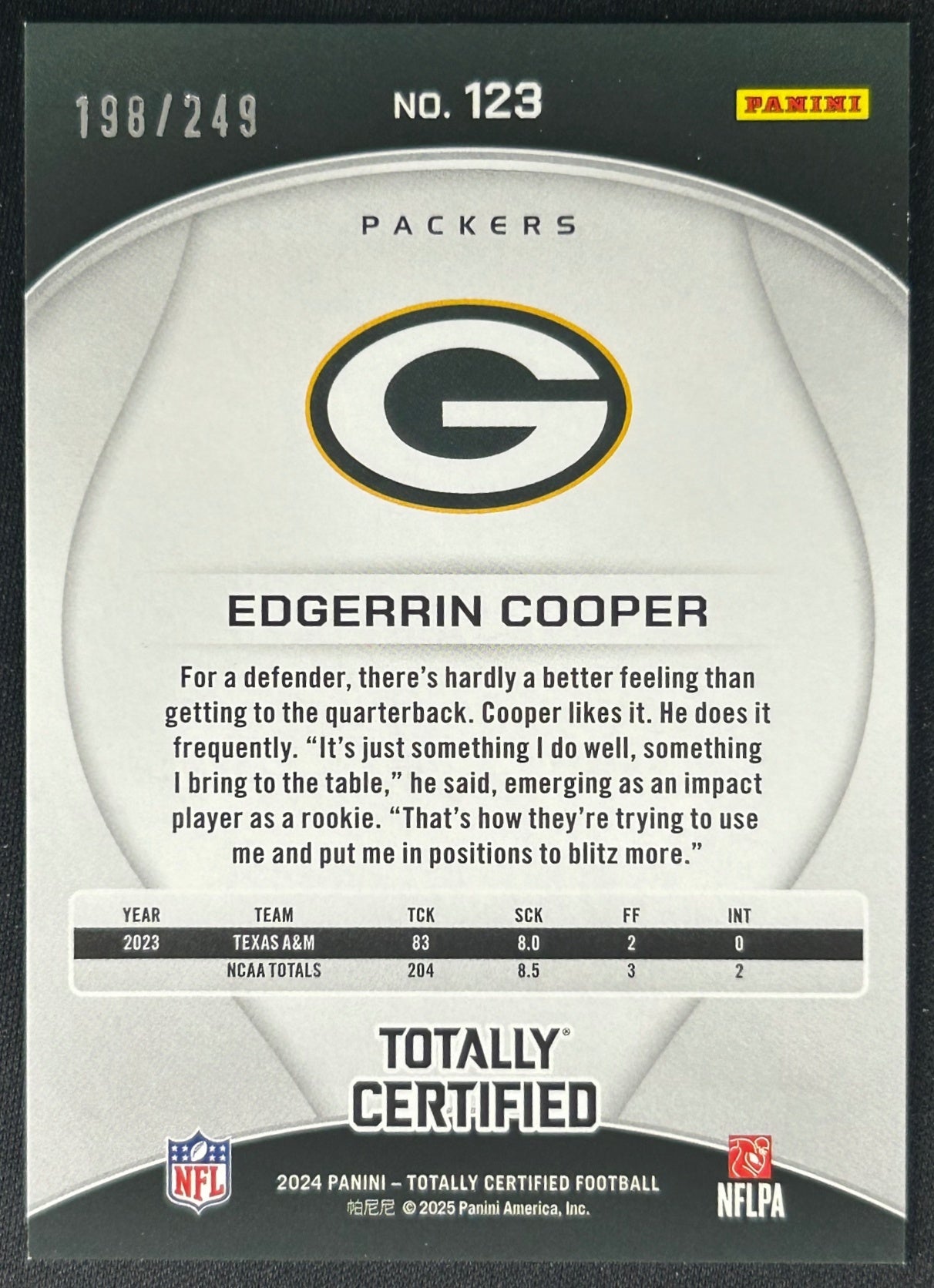 Edgerrin Cooper 2024 Totally Certified Rookies Mirror Red /249 Packers sports trading card (back)