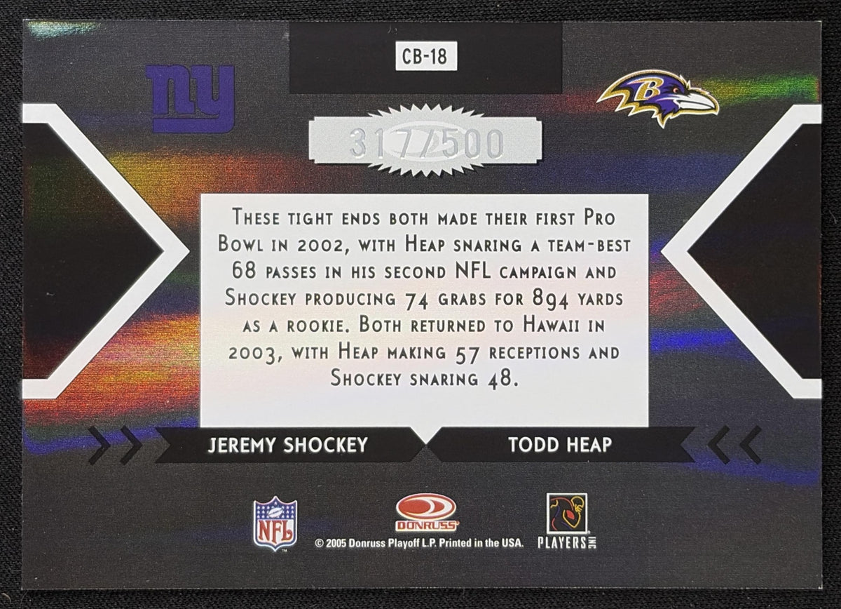 Jeremy Shockey Todd Heap 2005 Donruss Elite Face 2 Black /500 Panthers