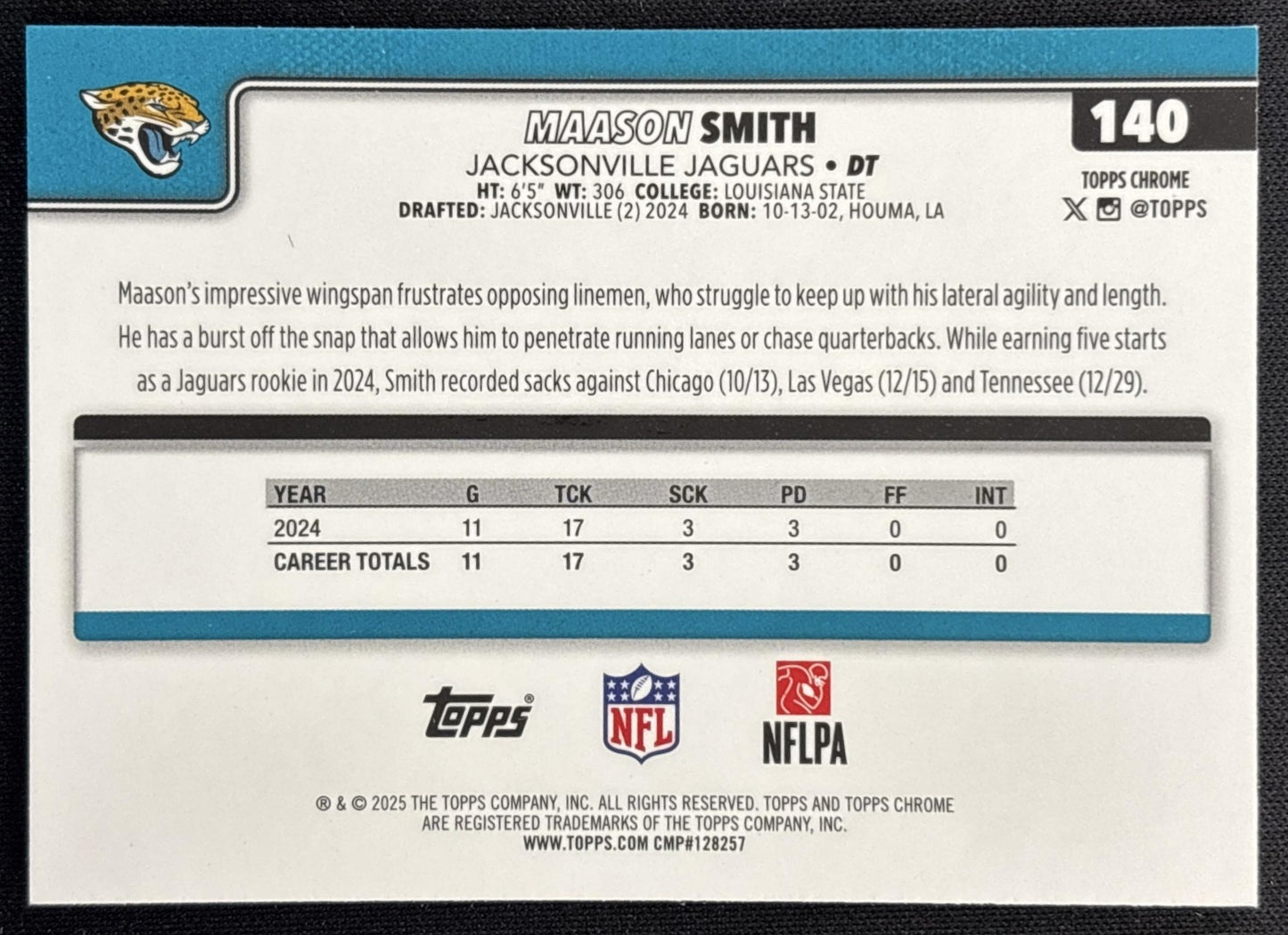 Maason Smith 2025 Topps Chrome Neon Pulse Refractor Jaguars Sports Trading Cards