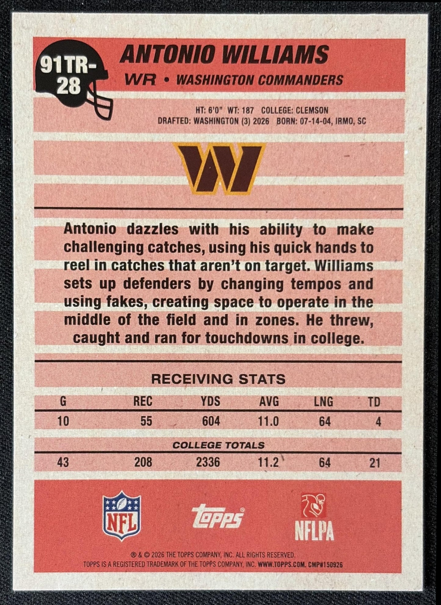 Antonio Williams 2026 Topps 1991 Rookie Commanders back