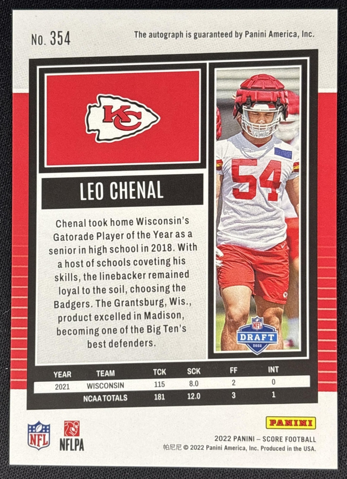 Leo Chenal 2022 Panini Score Signatures Chiefs back