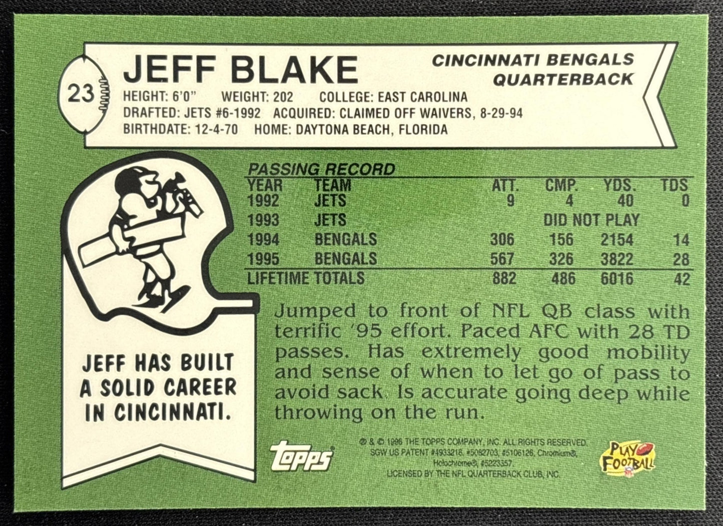 Jeff Blake 1996 Topps Chrome 40th Anniversary Commemorative Bengals Sports Trading Cards