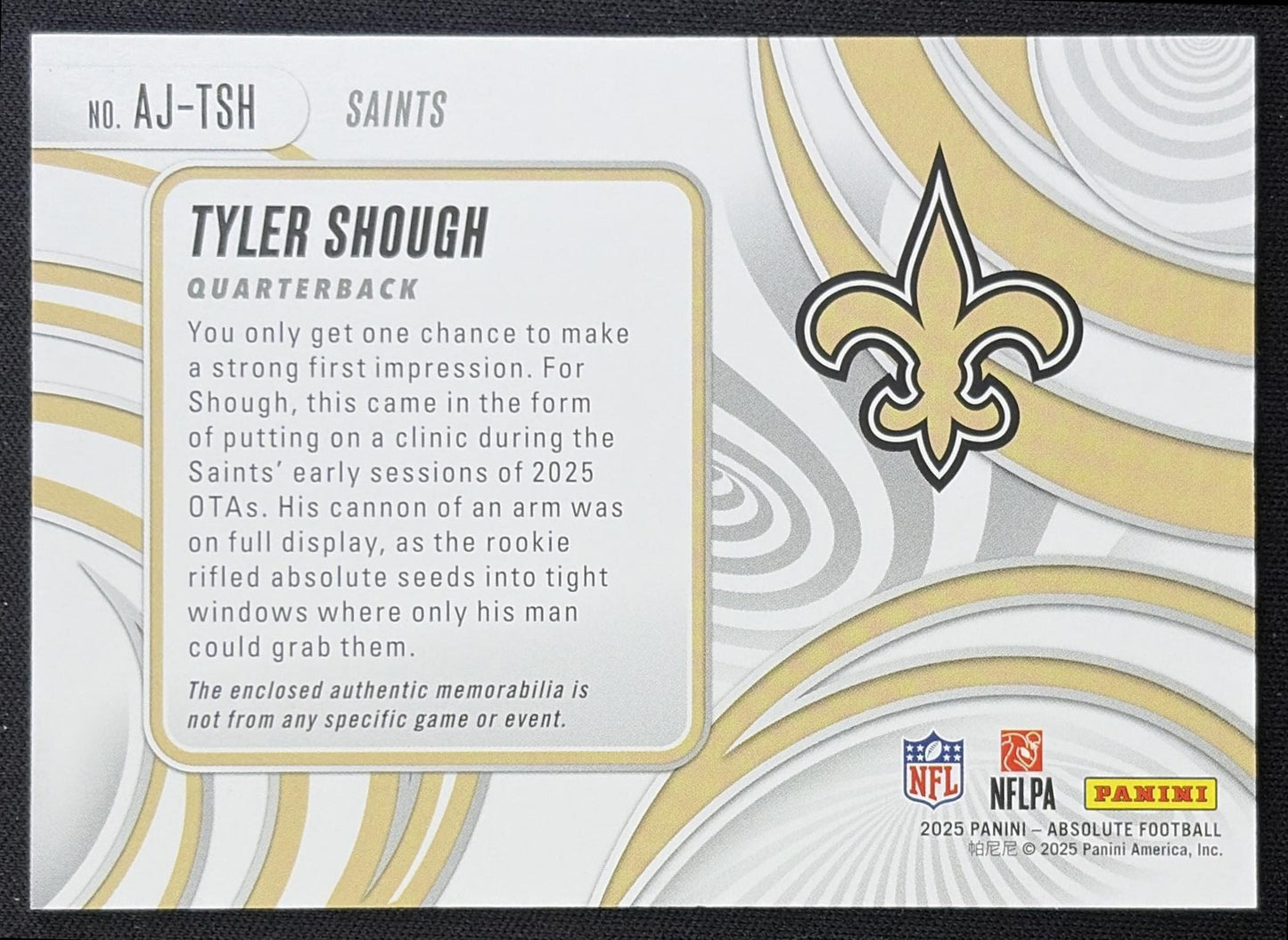 Tyler Shough 2025 Panini Absolute Jumbos Saints New Orleans Saints back