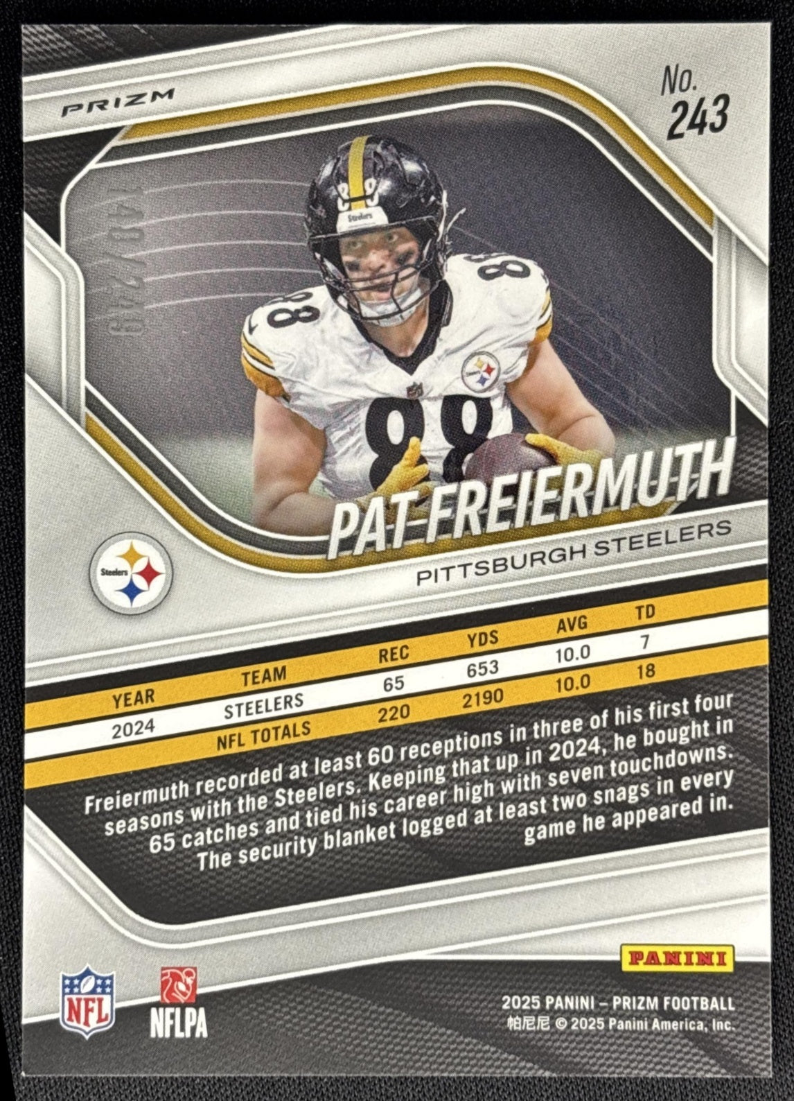 Pat Freiermuth 2025 Panini Prizm Orange /249 Steelers Sports Trading Card