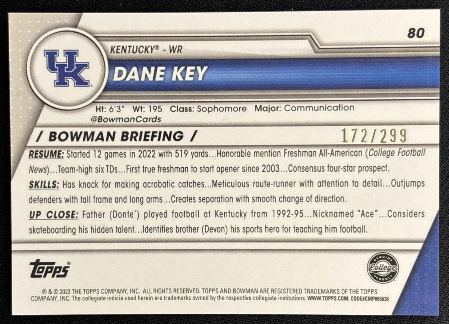 Dane Key 2023 Bowman University Chrome Aqua Refractor /299 Wildcats back