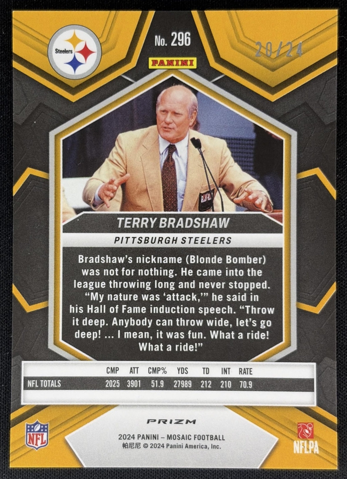 Terry Bradshaw 2024 Panini Mosaic Gold Sparkle Prizm /24 Steelers back