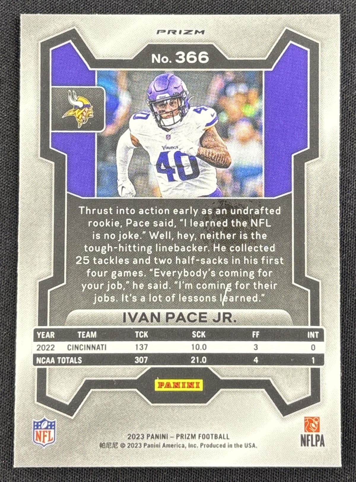 Ivan Pace Jr. 2023 Panini Prizm Purple Pulsar Vikings
