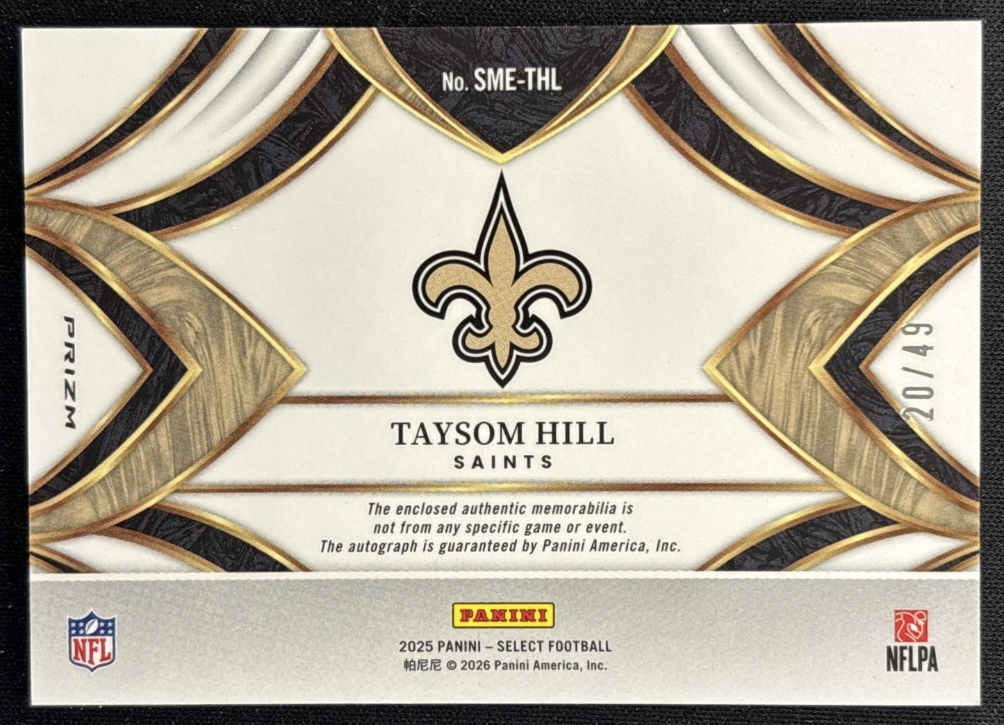 Taysom Hill 2025 Panini Select Signature Memorabilia Purple Prizm /49 Saints
