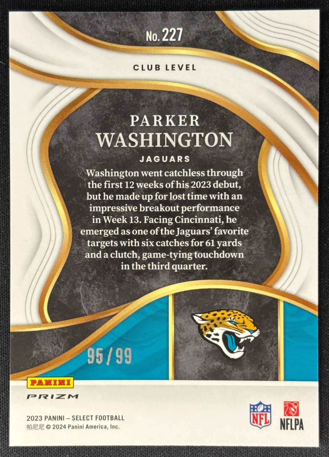 Parker Washington 2024 Select Signatures Blue Prizm /99 Jaguars back | Wayne Collection