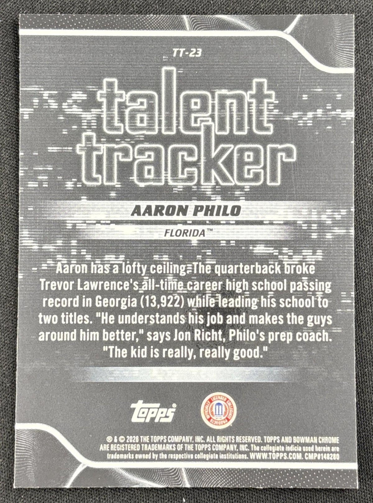 Aaron Philo 2026 Bowman Talent Tracker Pink Refractor /250 Gators Sports Trading Card
