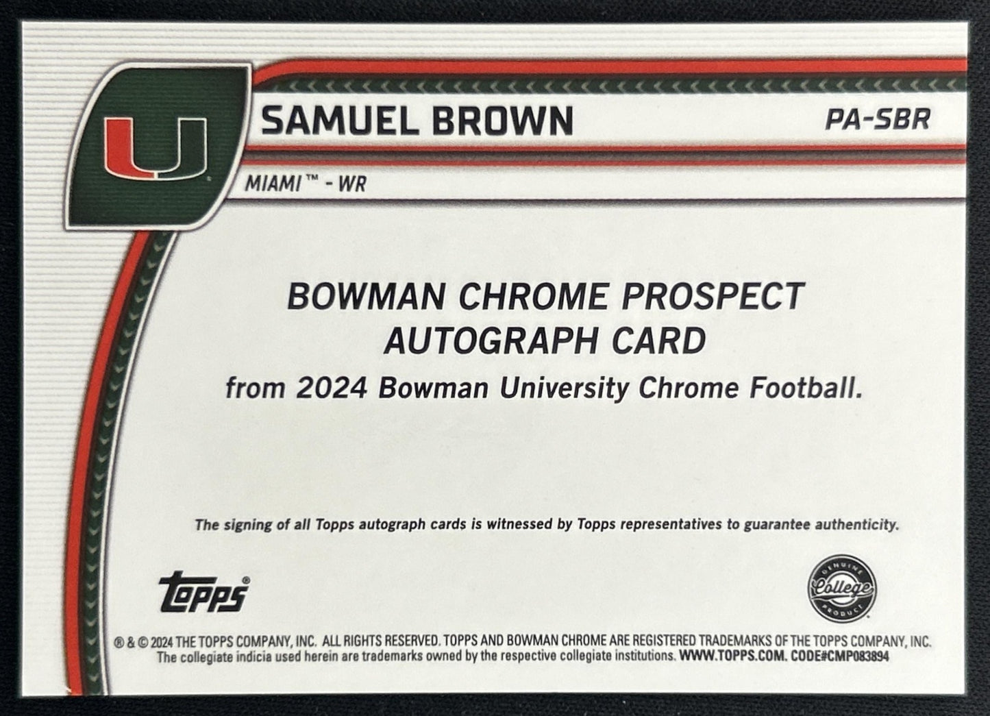 Samuel Brown 2024 Bowman Chrome University Prospect Auto Hurricanes back