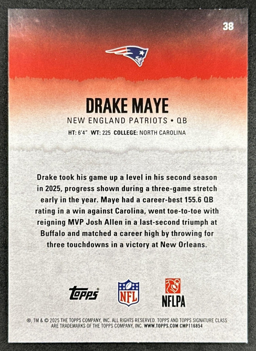 Drake Maye 2025 Topps Signature Class Veteran Green & Purple Foil Patriots Back