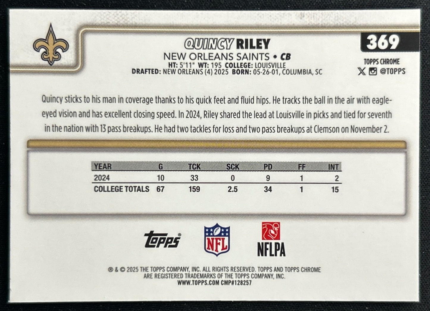 Quincy Riley 2025 Topps Chrome Rookie Saints Sports Trading Cards