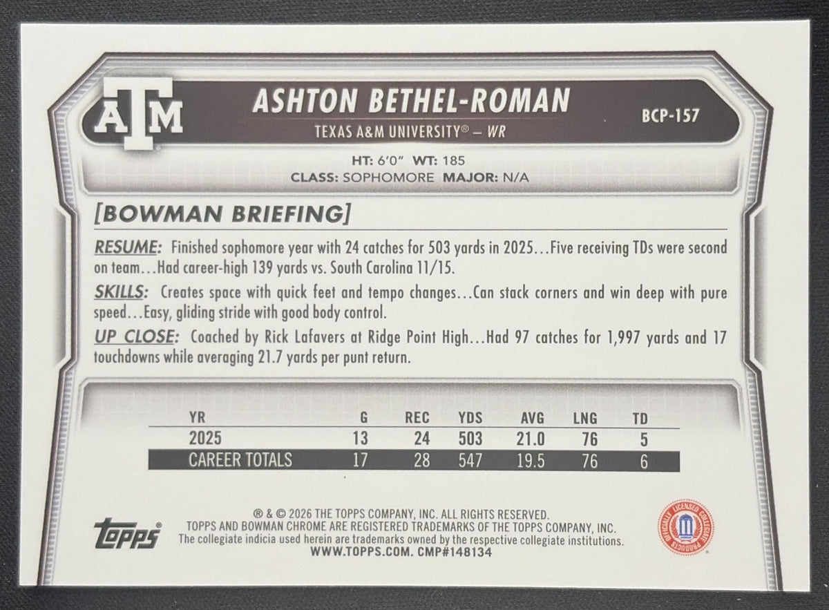 Ashton Bethel-Roman 2026 Bowman Chrome Prospects Mojo Refractor Aggies
