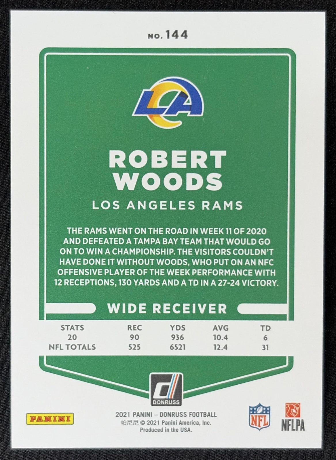Robert Woods 2021 Panini Donruss Press Proof Premium Rams Sports Trading Card
