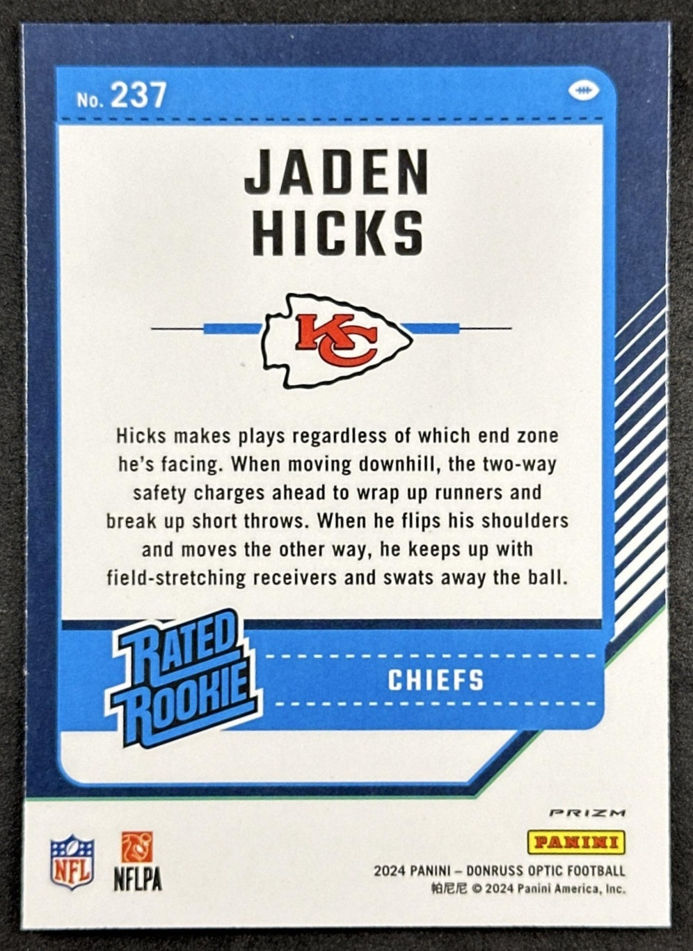 Jaden Hicks 2024 Panini Donruss Optic Purple Shock Chiefs Back