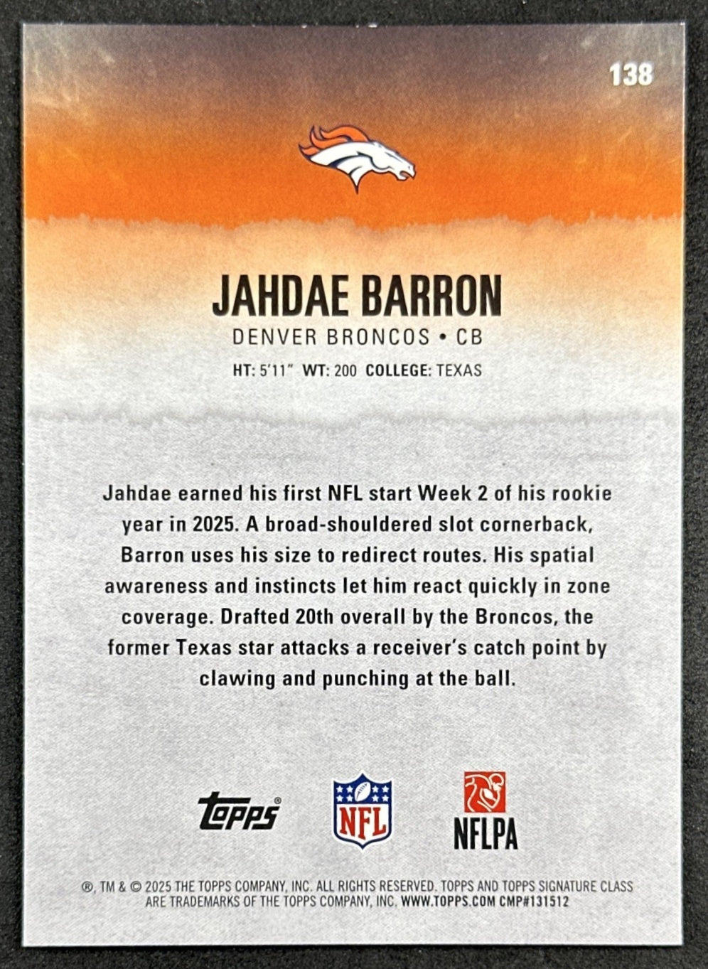 Jahdae Barron 2025 Topps Signature Class Rookie Broncos