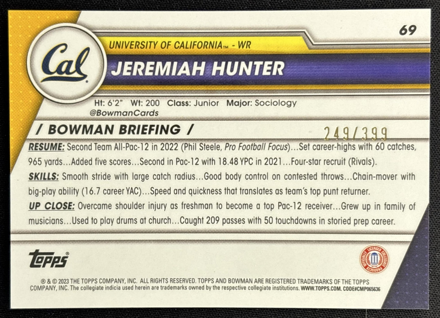 Jeremiah Hunter 2023 Bowman University Chrome Purple Refractor /399 Golden Bears back