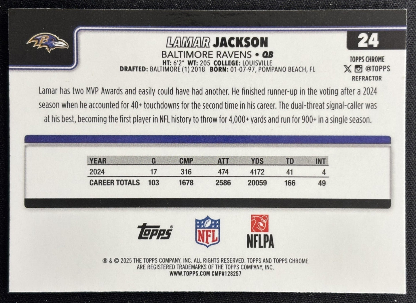 Lamar Jackson 2025 Topps Chrome Refractor Ravens Sports Trading Card