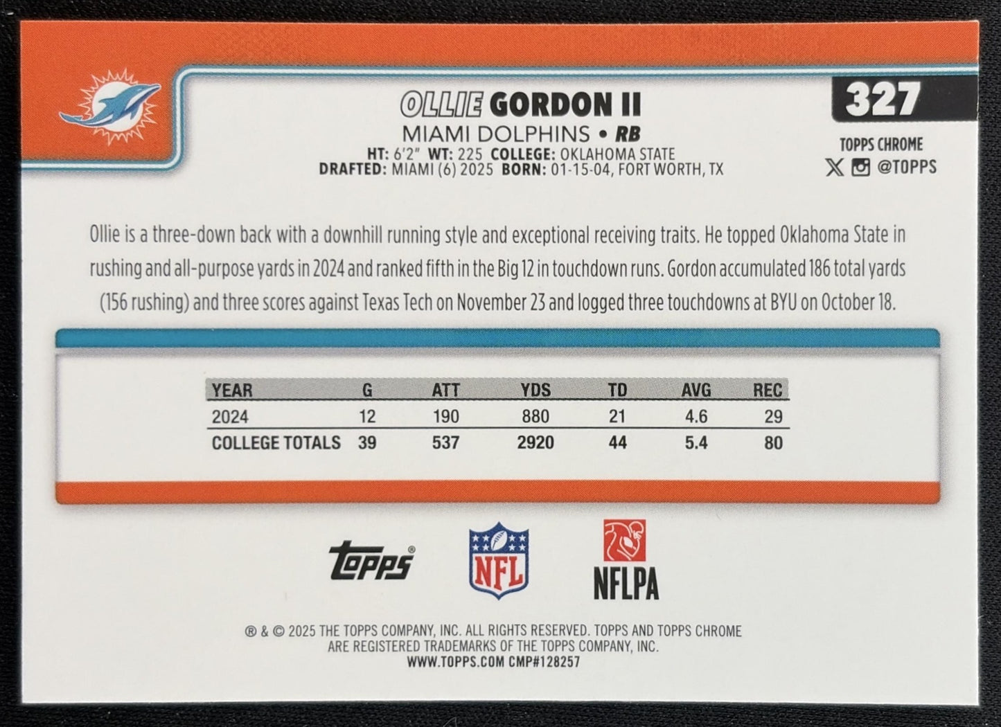 Ollie Gordon II 2025 Topps Chrome Rookie Football Leather Refractor Dolphins back