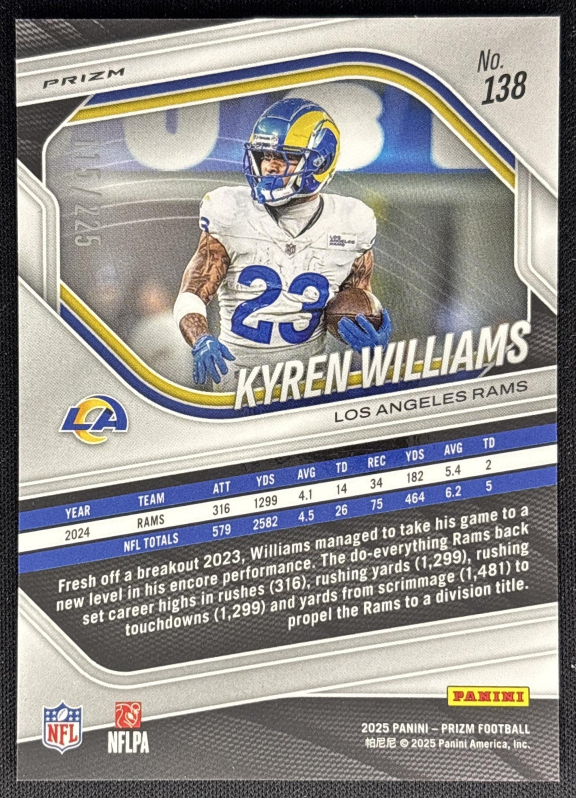 Kyren Williams 2025 Panini Prizm Purple Ice /225 Rams back