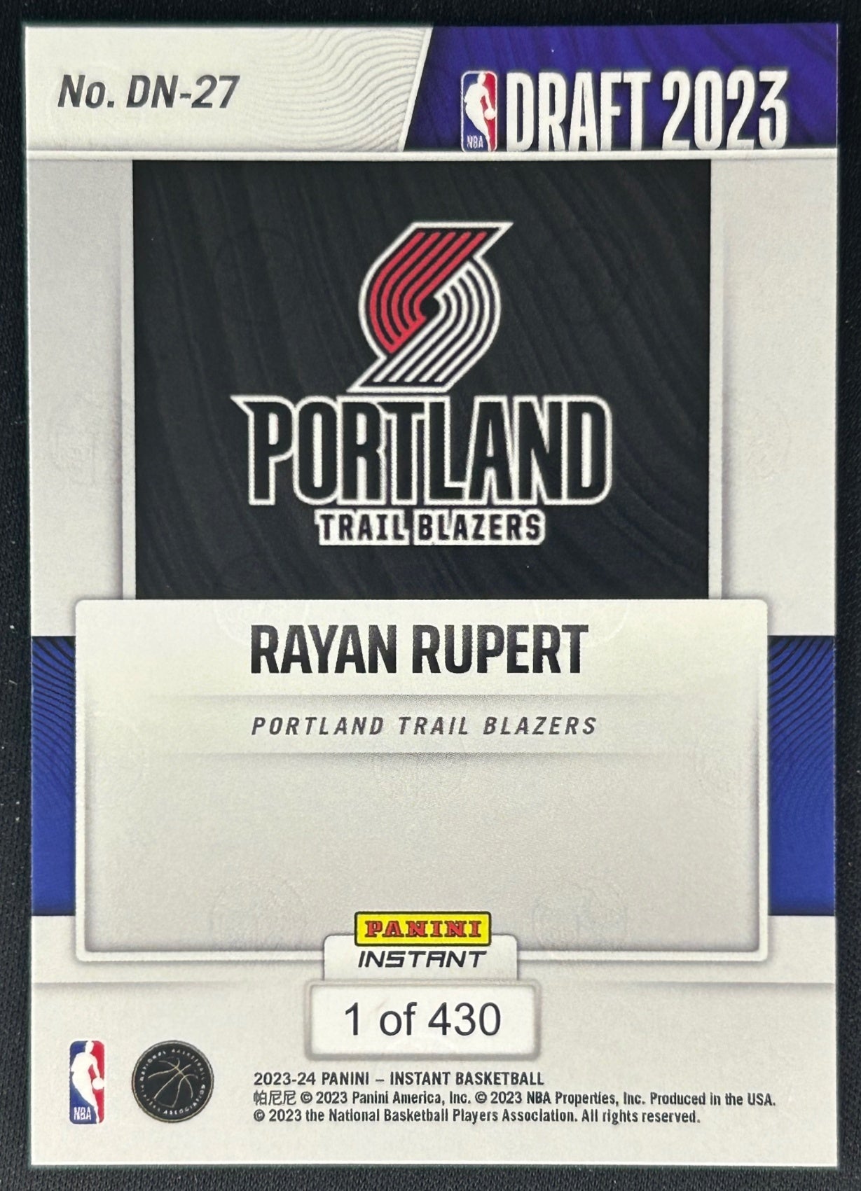 Rayan Rupert 2023 Panini Instant NBA Draft Night Trail Blazers Sports Trading Cards