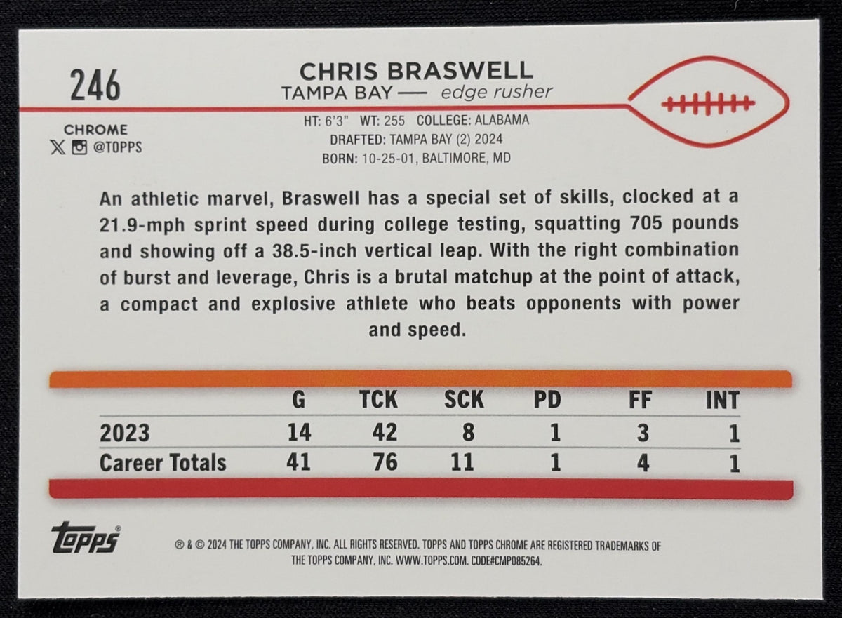 Chris Braswell 2024 Topps Chrome Yellow Refractor /75 Buccaneers Sports Trading Card