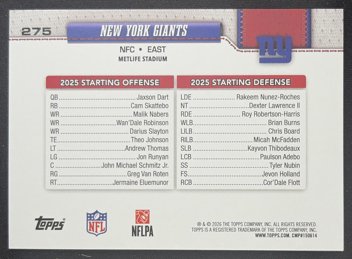 New York Giants 2026 Topps Rainbow Foil Sports Trading Card