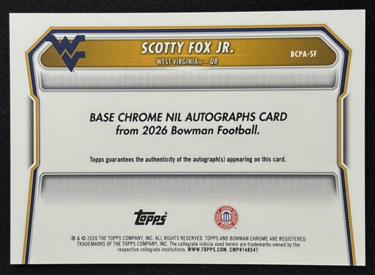 Scotty Fox Jr. 2026 Bowman Chrome Prospect Auto Blue Refractor /150 Mountaineers Sports Trading Card