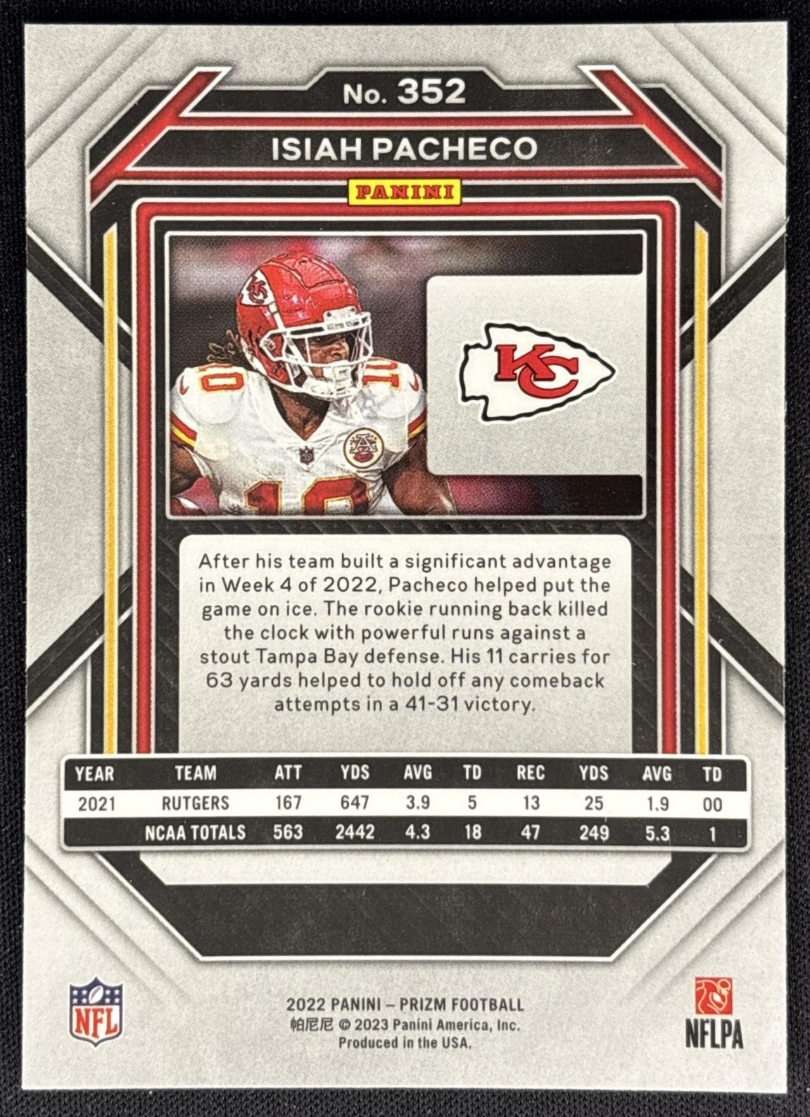 Isiah Pacheco 2022 Panini Prizm Chiefs back