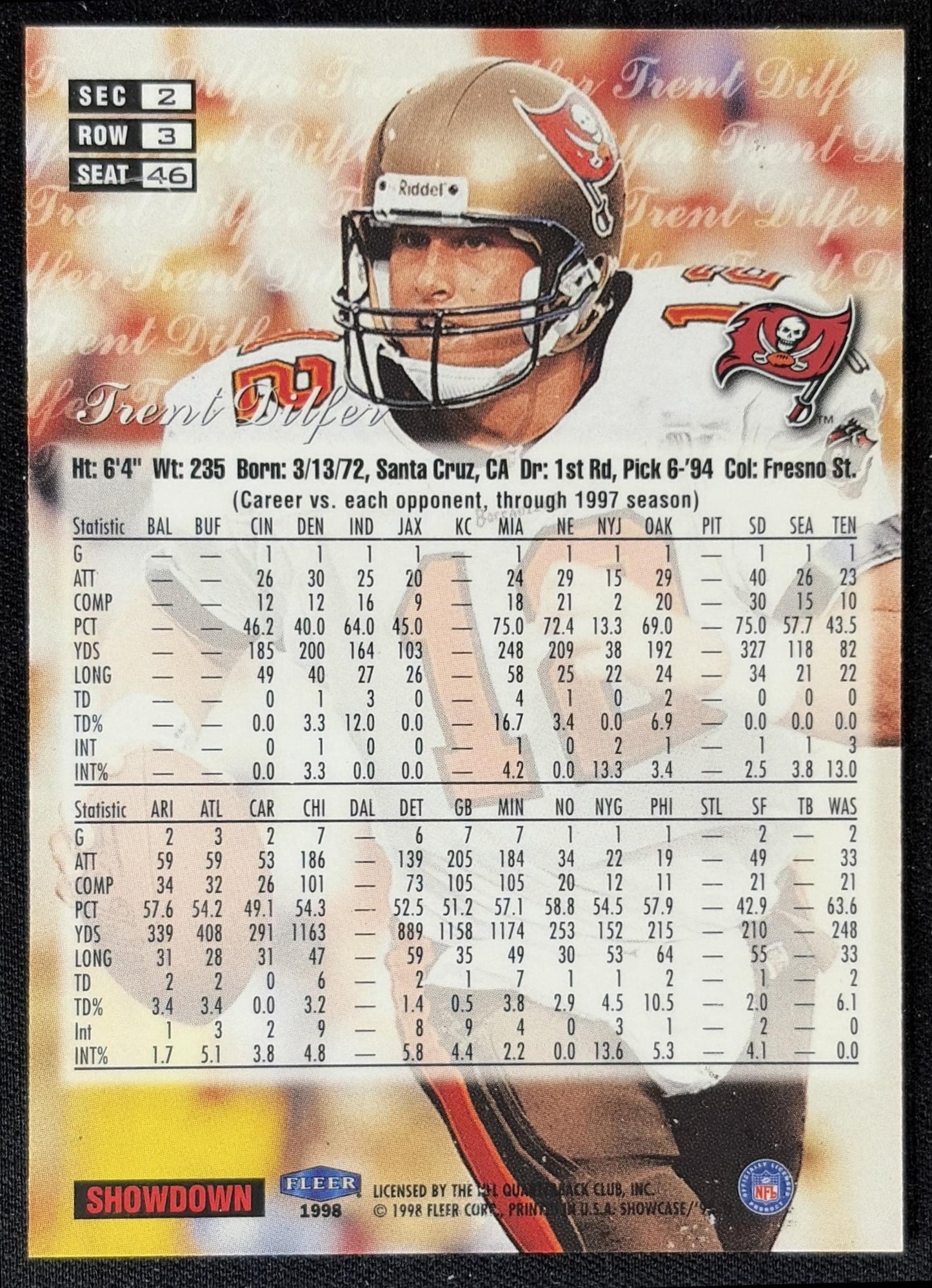 Trent Dilfer 1998 Fleer Flair Showcase Row 3 Buccaneers