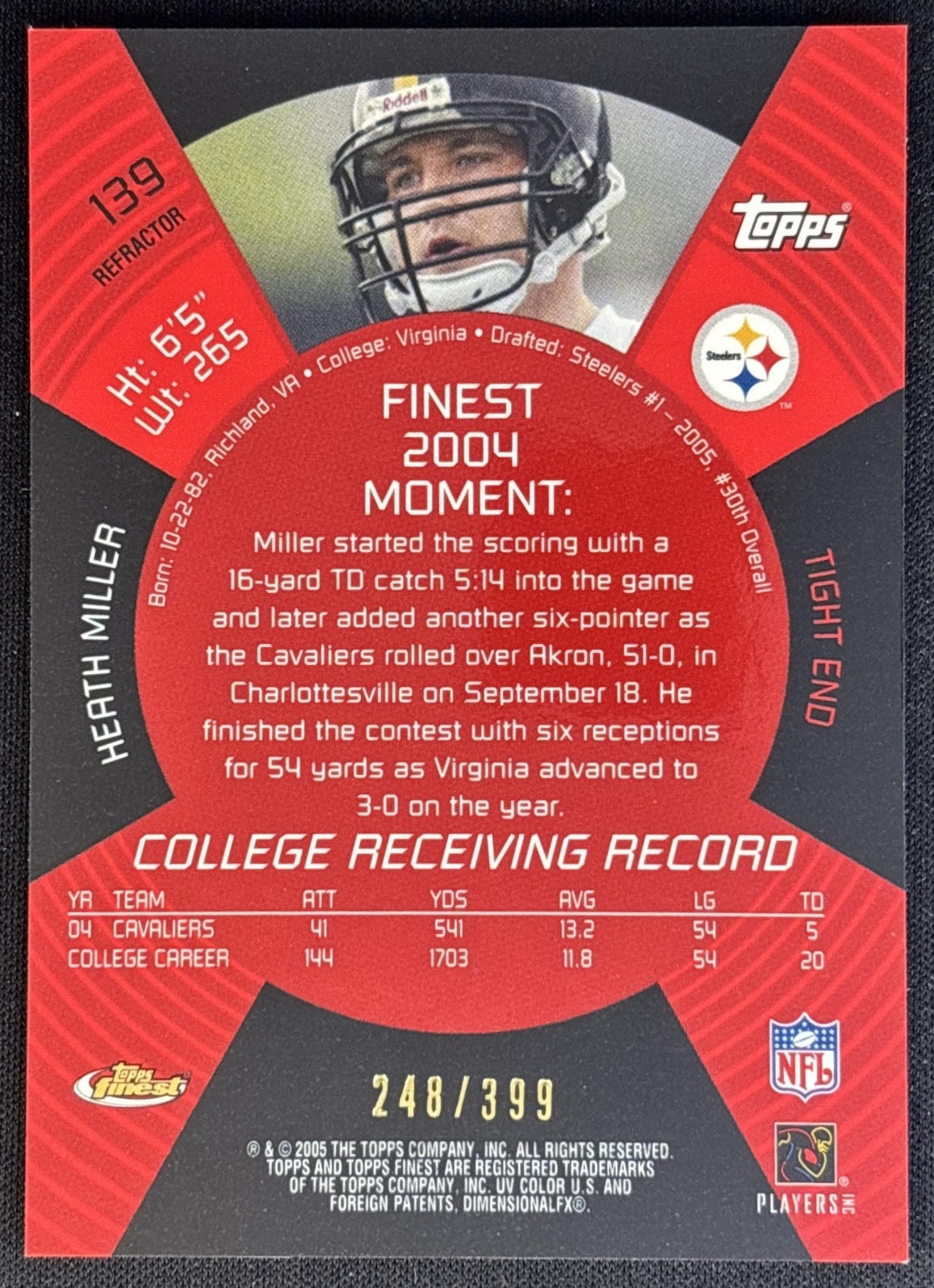 Heath Miller 2005 Topps Finest Refractor /399 Steelers Football