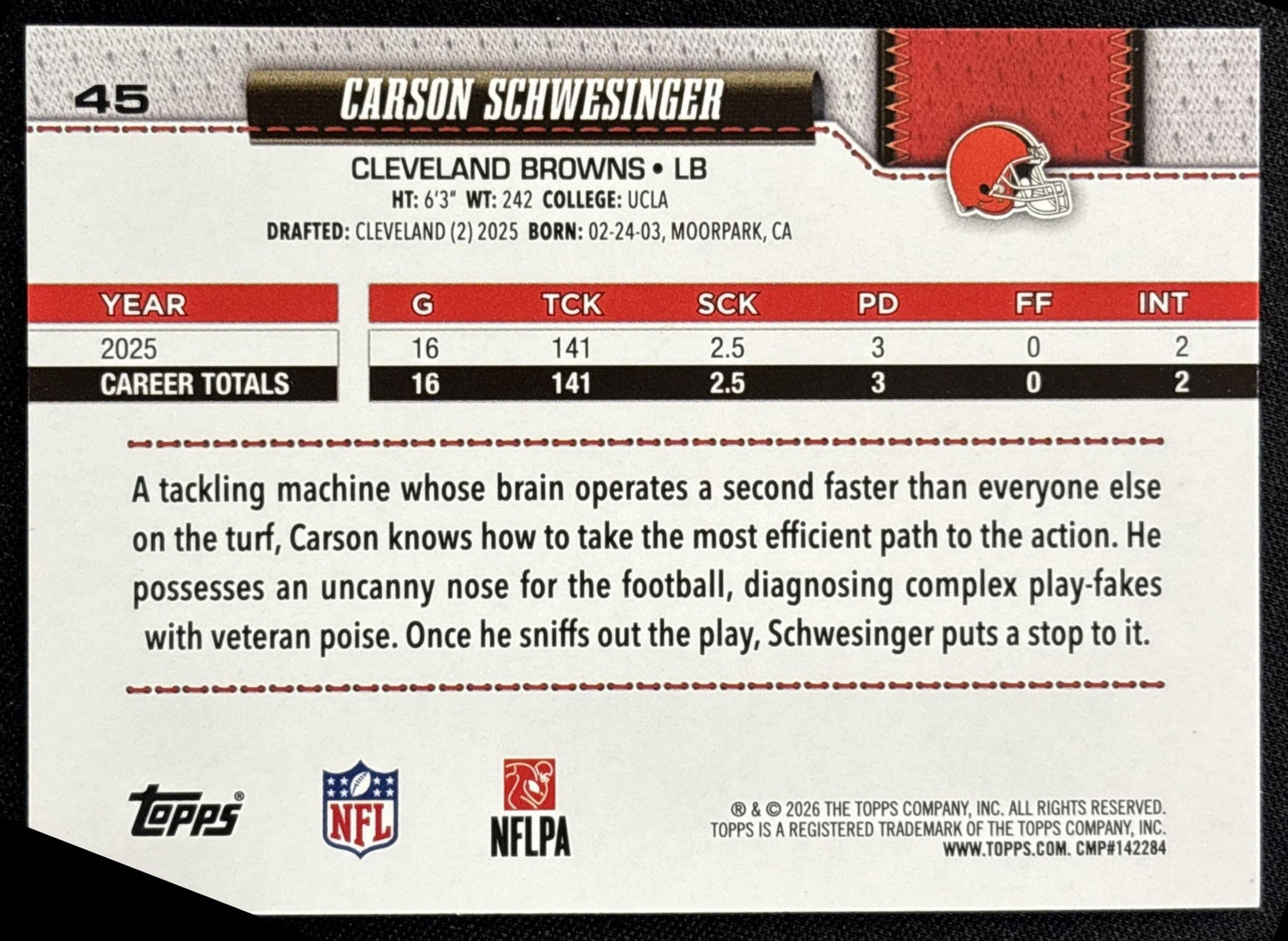 Carson Schwesinger 2026 Topps Sandglitter Browns