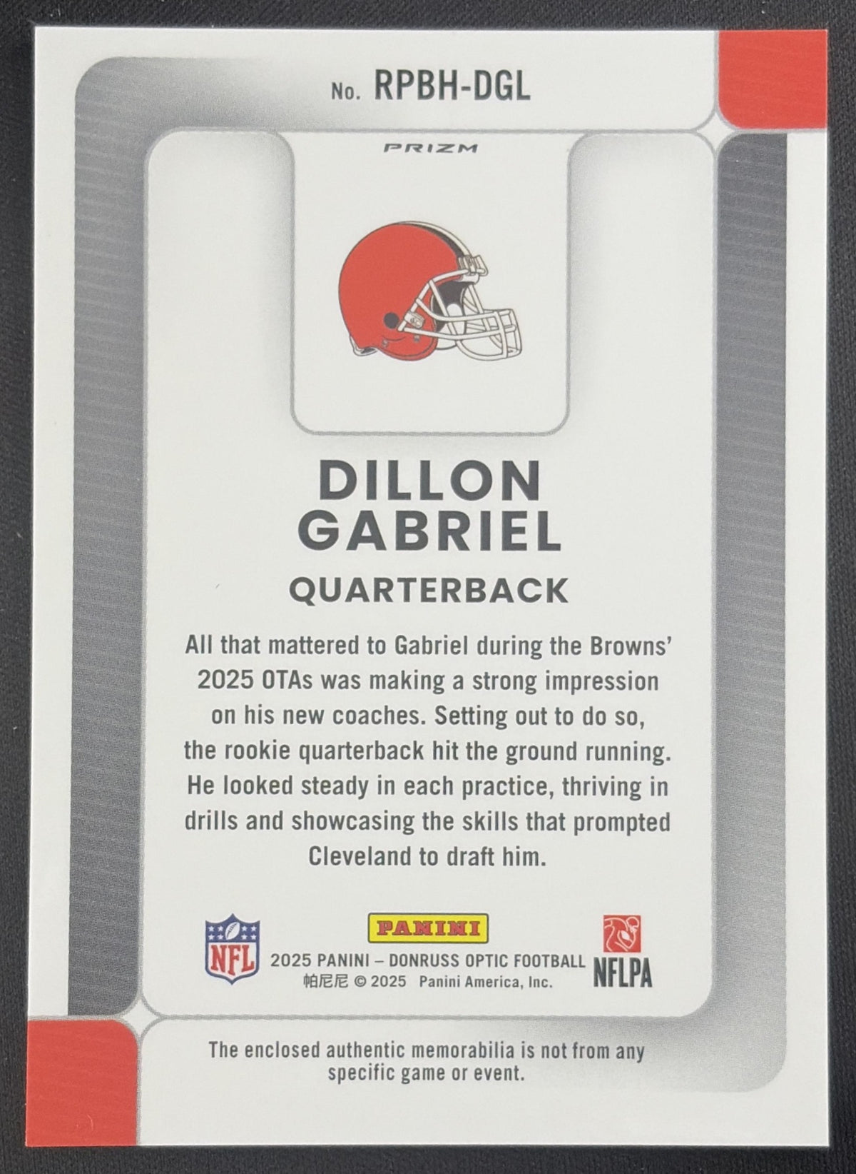 Dillon Gabriel 2025 Panini Donruss Optic Rookie Phenoms Blue Hyper Prizm Browns