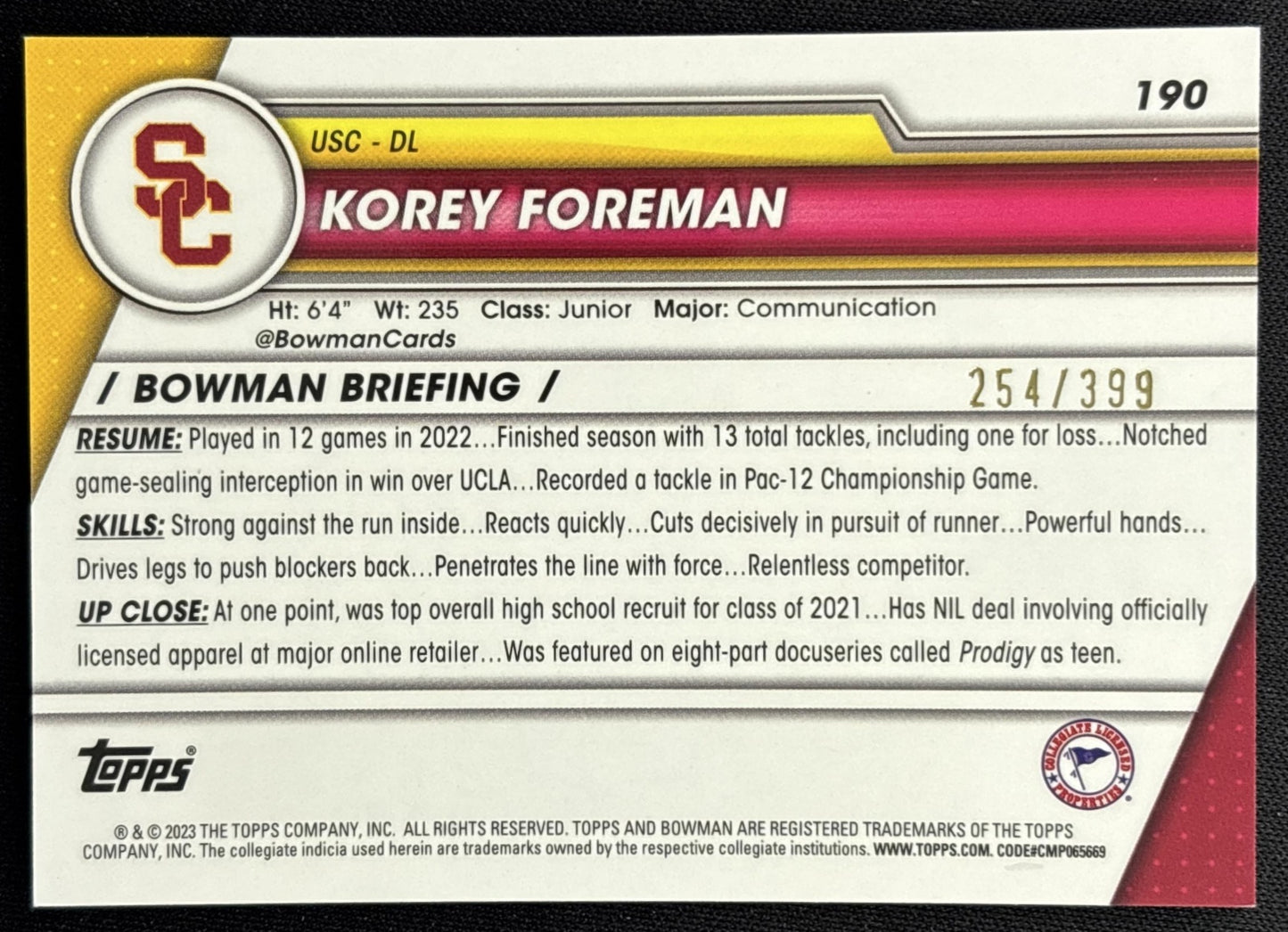 Korey Foreman 2023 Bowman University Chrome Purple Refractor /399 Trojans back