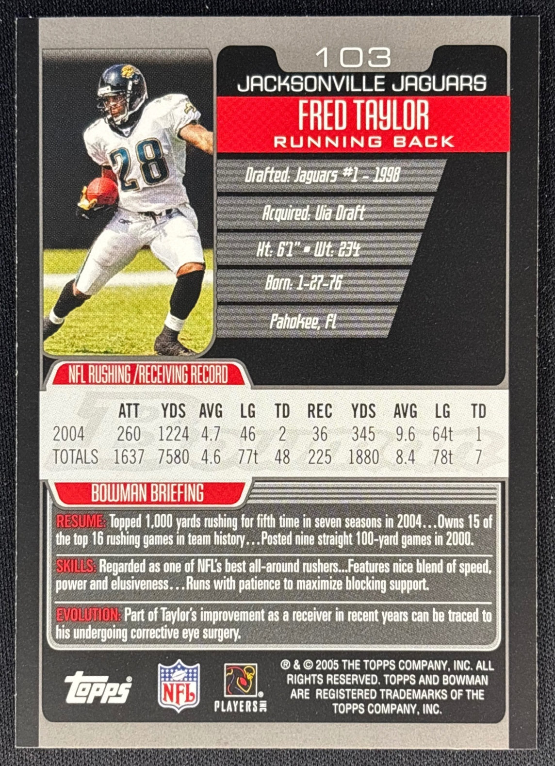 Fred Taylor 2005 Bowman Jaguars Sports Trading Cards